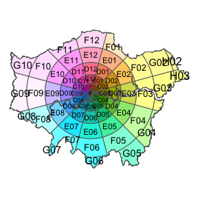 The clockboard zoning system, applied to Greater London, UK.